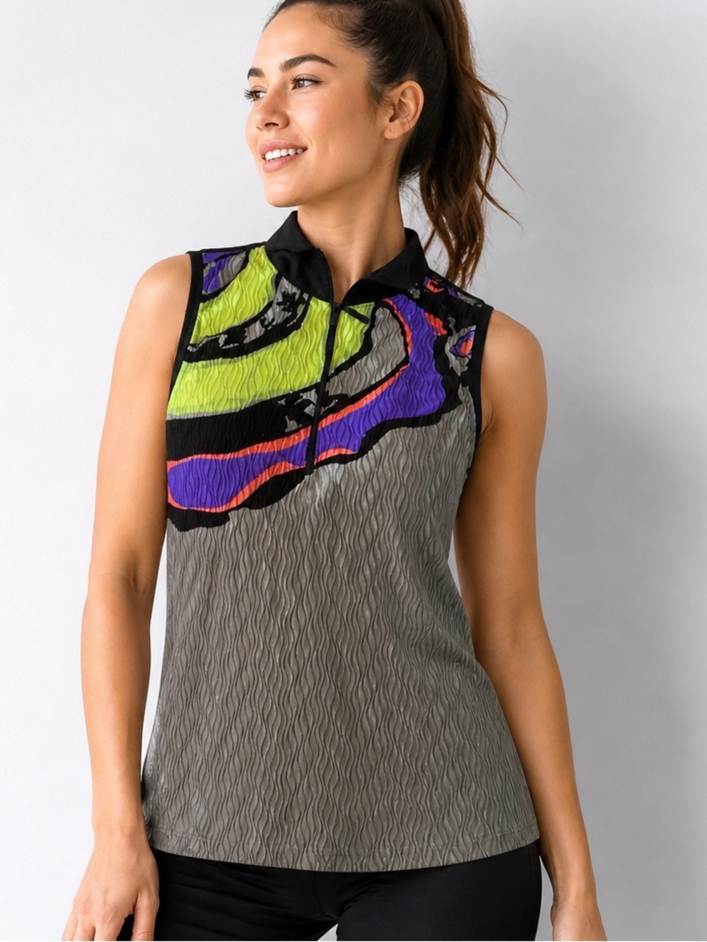 Jamie Sadock Women's Size S Sleeveless Polo Top Abstract Print 1/4 Zip Crinkle